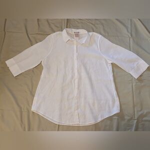 Chico's Sz 2 ( 12 -14) White No Iron 100% Linen Tunic Length Button Front Blouse